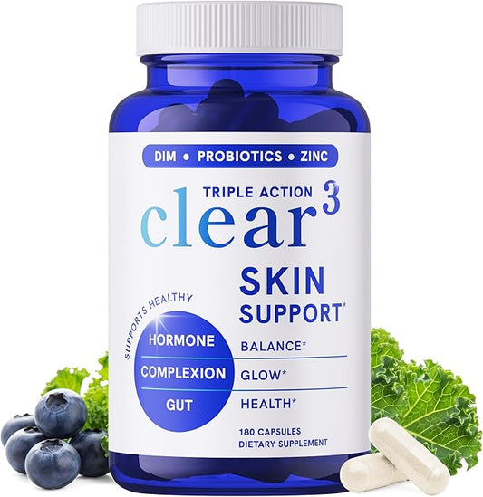 Clear Skin Supplement with Zinc, DIM & Probiotics | 3-in-1 Balance, Glow & Health Skin Support | Triple Action Hyaluronic Acid, Niaciminide & Vitamins for Hormone, Complexion & Gut Support | 180 Ct