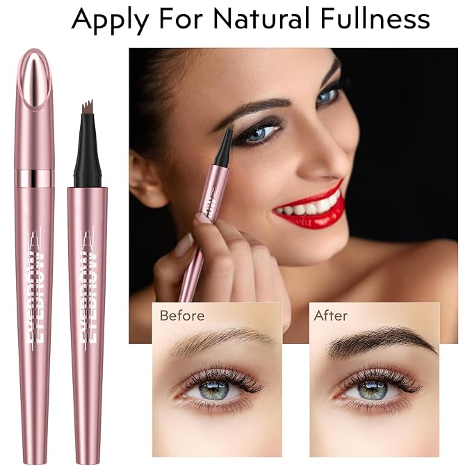 2Pcs Microblading Eyebrow Pen, Long-Lasting Waterproof Eyebrow Pencil with 4-Fork-Tip for 3D Realistic Brow, Easily Create Natural Hair-Like Brow Last All-Day, Eye Brow Pencils for Women -Brown
