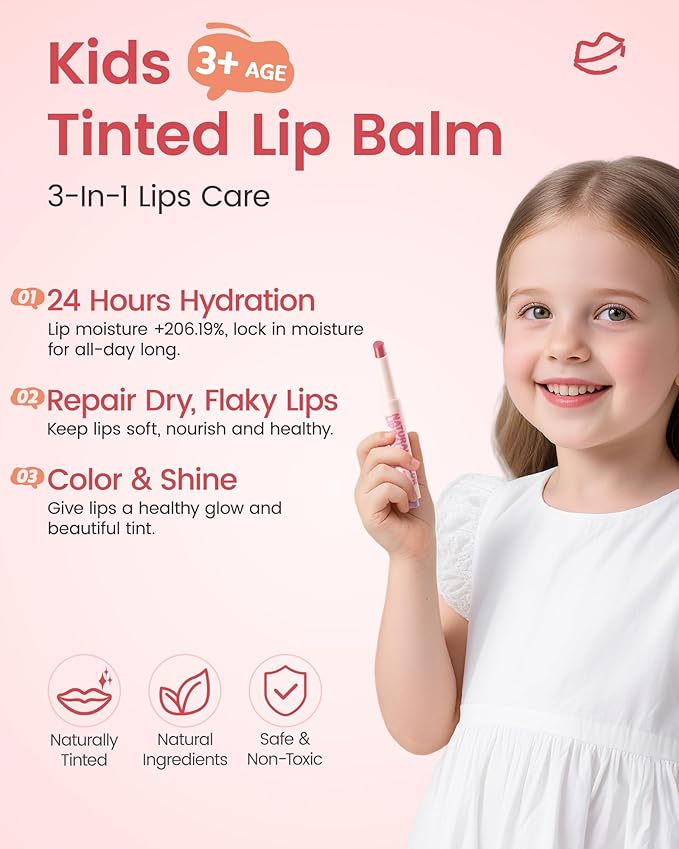 RUNBEN Kids Tinted Lip Balm, Jelly Berry Lipstick, 24H Moisturizing, Safe & Non-toxic Lip Gloss for Kids & Teen, Christmas Makeup Gift for Girls, 2g
