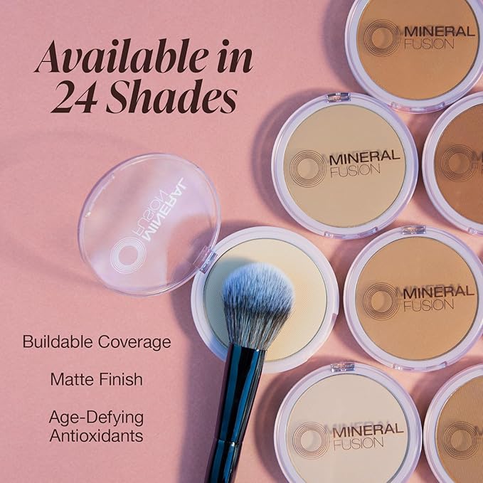 Mineral Fusion Pressed Powder Foundation, Olive 1 - Light Skin w/Greenish Undertones, Age Defying Foundation Makeup with Matte Finish, Talc Free Face Powder, Hypoallergenic, Cruelty-Free, 0.32 Oz.