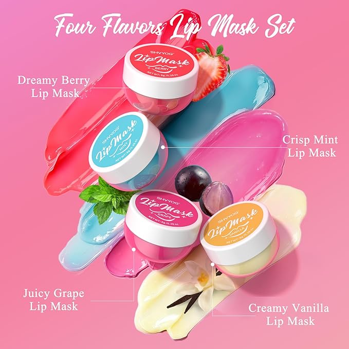 4 Pack Lip Mask Set, Hydrating Lip Mask Overnight - Berry, Grape, Mint, Vanilla Flavors, Lip Sleeping Mask Nourish Lip Balm with Vitamin C & Shea Butter | Dry Lips Care Gift