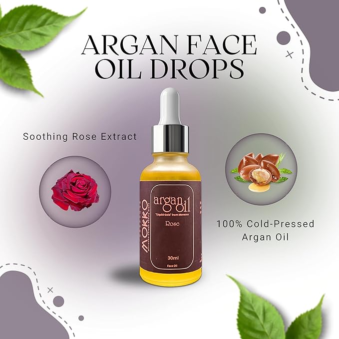 Mokko Argan Face Oil Drops with Rose – 100% Pure Moroccan Argan Oil | Hydrating, Anti-Aging & Brightening Facial Oil for Dry, Sensitive & Acne-Prone Skin – 30ml