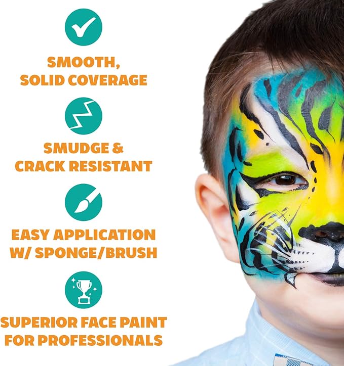 Kraze FX Face Paint Palette Set Of 2 - Fundamentals & Splash, Value Pack of 12 Basic Solid Colors & 6 Fun Split Cakes Palette with Brushes, Professional Face Painting Starter Kit