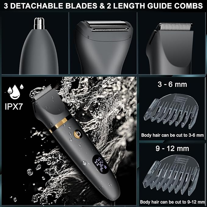Zivelier Ball Shaver for Men, 3-in-1 Multifunction Body Hair Trimmer & Pubic Shaver with Titanium Blades (No Nicks!), IPX7 Waterproof Electric Razor, LED Display, Wet/Dry
