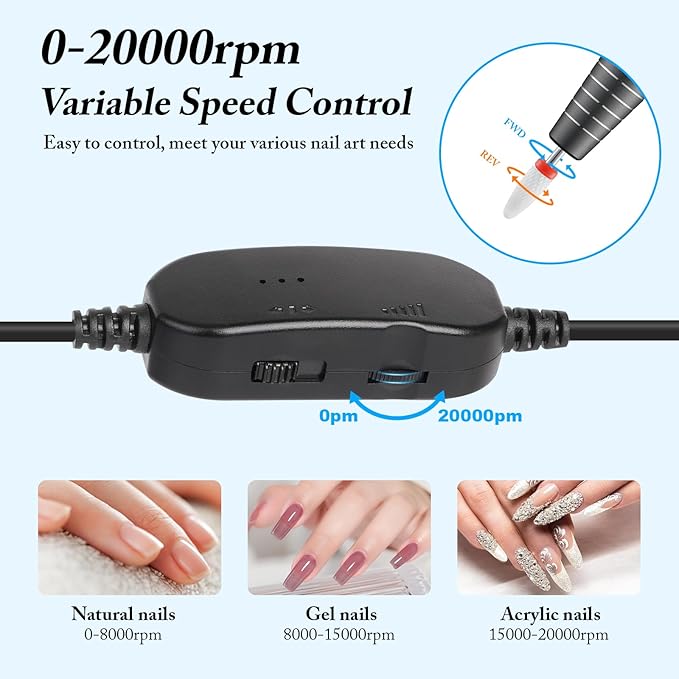 QPVZX Electric Nail Drill, Ultra Quiet Low Vibration Electric Nail File, Portable Electric Nail File for Crystal Gel Nails, Manicure Pedicure Tools Polishing Set for Home and Salon Use (Grey)