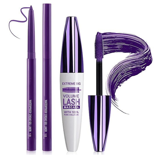Purple Mascara and Eyeliner Set 5D Coloured Mascara for Eyelashed, Volumizing Curling Defining Eye Lashes, Long-Lasting Waterproof Purple Makeup
