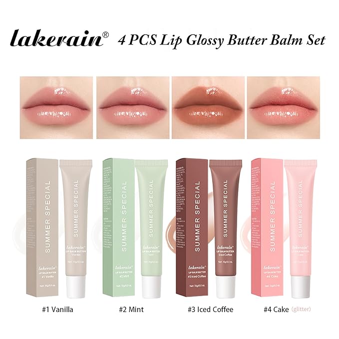 4 PCS Lip Glossy Butter Balm Set,Instant Moisture and Hydration Lip Gloss,Long-lasting Hydrating Non-Sticky Lip Balm,Soften Dry Lips and Lip Care