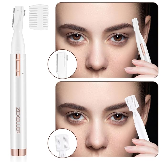 ZEXELLER Upgraded Eyebrow Trimmer, Precision Facial Hair Trimmer with Comb, Battery Operated Painless Electric Eyebrow Razor Facial Hair Remover Face Chin Neck, Upper-Lip, Peach-Fuzz