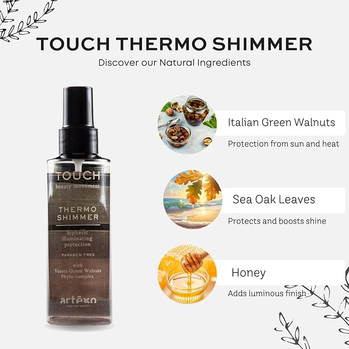 Artègo TOUCH Thermo Shimmer Spray (5.1 oz) – Biphasic Heat Protection & Shine Spray for Smooth, Glossy, Frizz-Free Hair