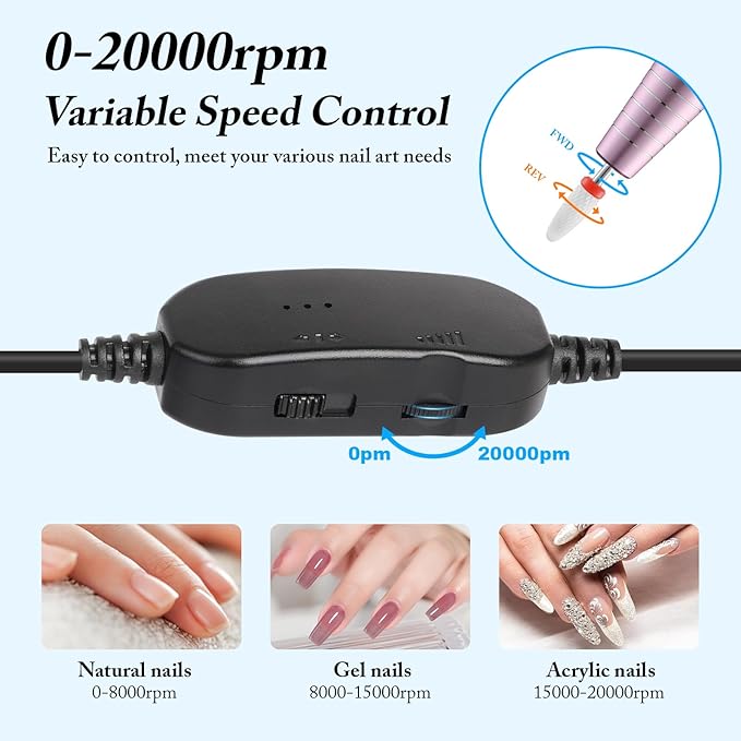 QPVZX Electric Nail Drill, Ultra-Quiet Low Vibration Electric Nail File, Portable Electric Nail File for Crystal Gel Nails, Manicure and Pedicure Tools Polishing Set for Home and Salon Use (Pink Set)