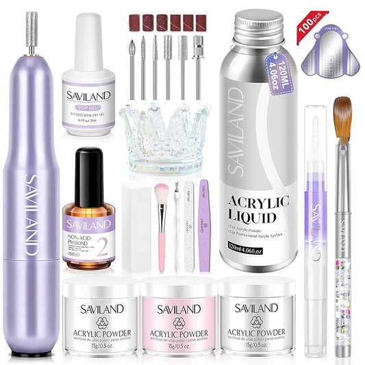 SAVILAND Acrylic Nail Kit with Drill: Professional Salon Nails Kit with Everything Acrylic Powder and Liquid Set Nail Brush Forms Top Gel & Manicure Tools Kit for DIY Extension Carving Home Use