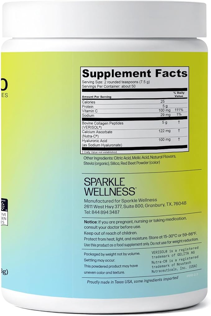 Sparkle Wellness VERISOL Bioactive Hydrolyzed Collagen Peptides | Collagen Powder with Vitamin C & Hyaluronic Acid for Hair, Skin, and Nail Health | Skin Boost Plus (Acai Lemonade) [50-Serves]