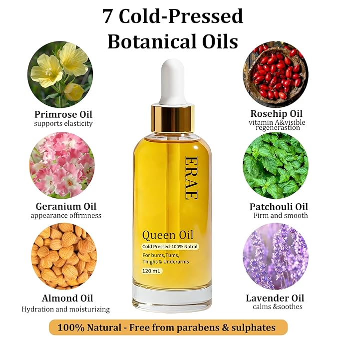 savari Erae Queen Oil - Face & Body Oil for Crepey Skin, Restores Lipid Barrier, Firming & Hydrating Treatment for Menopausal Skin, Anti-Aging for Arms, Décolletage, Hands, 4 fl oz（120ml） (1pc)