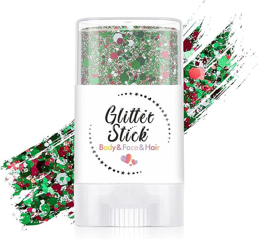 Body Glitter Stick, Holographic Sequins Christmas Hair & Face Glitter Makeup Neon Outfit Music Rave Festival Party Accessori. (Red & White & Green)