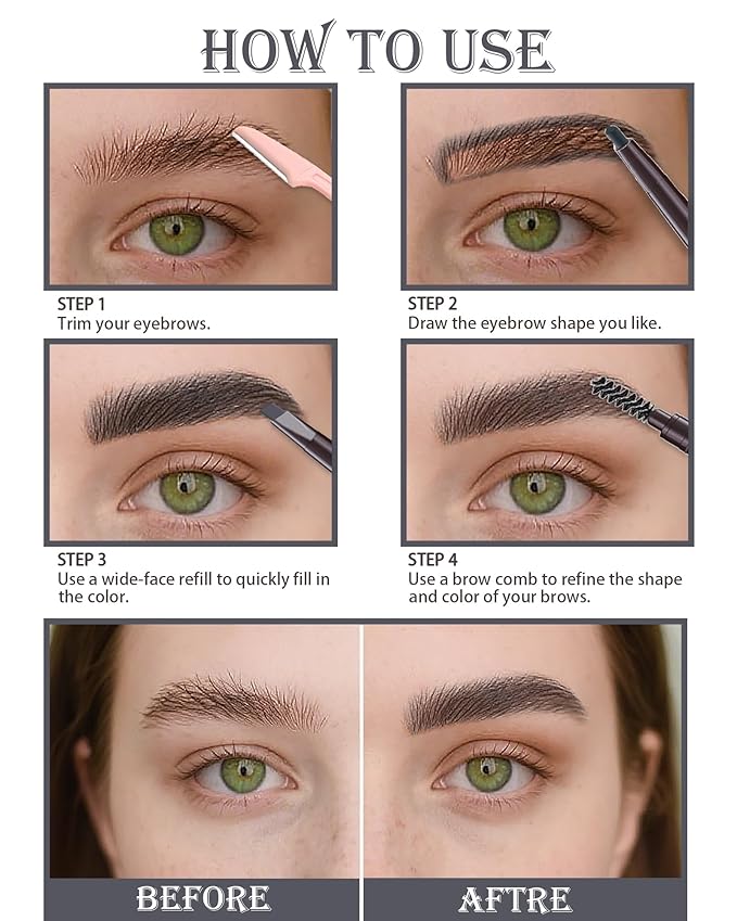 Berinist Waterproof Eye Brow Pencils for Women, 6Pcs Double-ended Grey Eyebrow Pencil with Razor Kit, Triangular Tip Design Makes it Easier to Define and Fill in Brows for a Natural Look