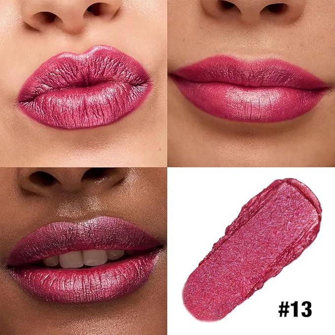 Red Shimmer Metallic Moisturizing Glow Plumping Lipstick Makeup, Lipstick with Metallic 3D Shine Lightweight Hydrating Formula, Glitter Lip Gloss Stain Long Lasting Waterproof Smudge Proof (13#Red)