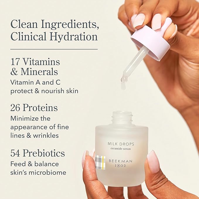 Beekman 1802 Milk Drops Ceramide Facial Serum - Squalane Oil, Hyaluronic Acid & Goat Milk Face Moisturizer - Boosts Skin Radiance & Hydrates Deeply - Fragrance Free - For Oily/Acne Prone Skin