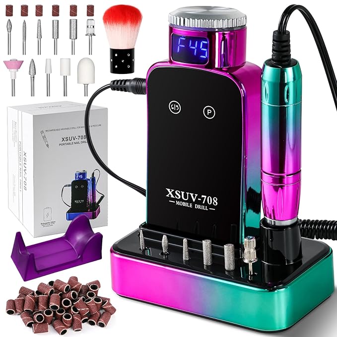 ANRLO Professional Electric Nail Drill, 45000 RPM Cordless Rechargeable E-File Machine, with 12 Bits, Sanding Bands, LCD Display for Acrylic Gel Nails (DMJTZ-708-Green-US)