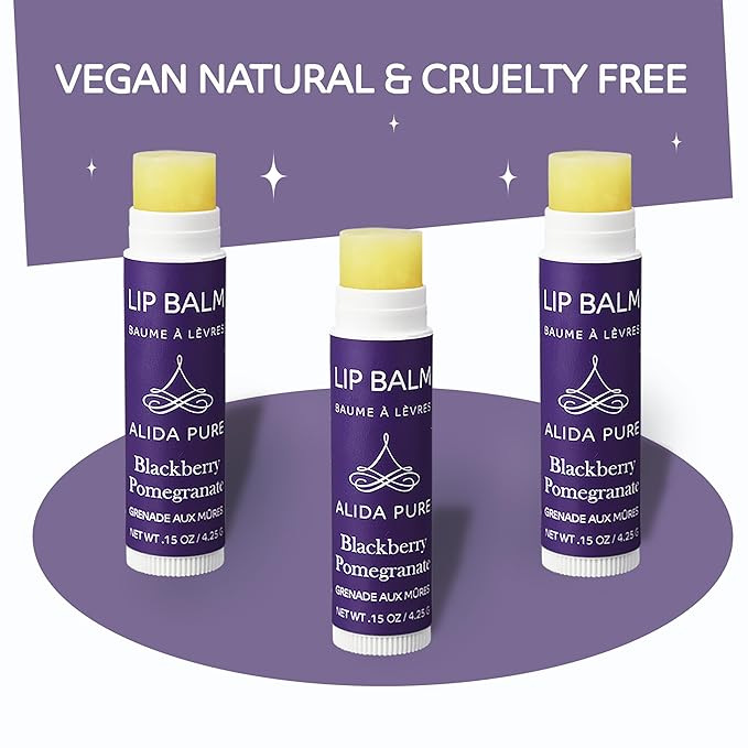 Blackberry Pomegranate Lip Balm Collection, Vegan Set, Beeswax Free, with Organic Jojoba and Avocado Oil, Vitamin E, Natural Moisturizer for Dry, Chapped Lips, 3 Tube Set
