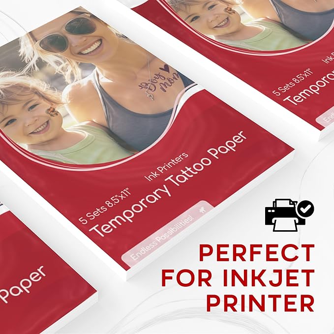 BubblePop! Printable Temporary Tattoo Paper for Inkjet Printer - Skin-Safe, Water-Resistant, Blank 8.5x11” Sheets for Personalized Designs - Make Your Own Temporary Tattoos at Home - 5 Set