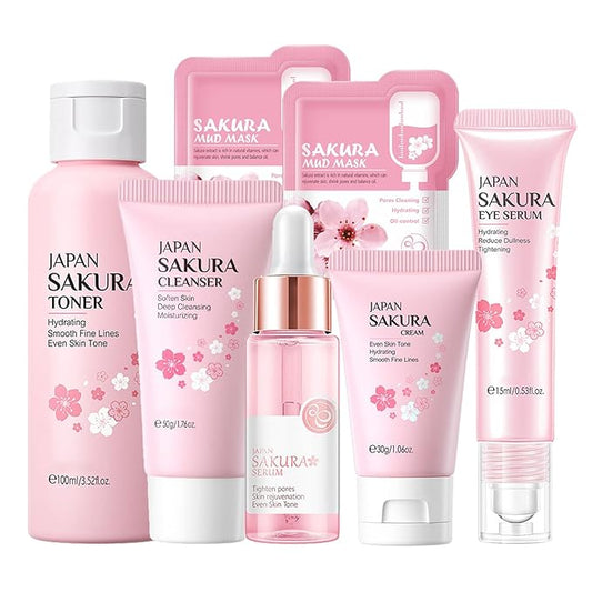 Skin Care Set Sakura Women Beauty Gift Sets Korean Skin Care Kit- Cleanser,Serum,Face Cream,Toner,Eye Cream,Mud Mask-Skin Care Routine Kit (One Size, Cherry Blossom-StyleA-Bae Moisturizing)