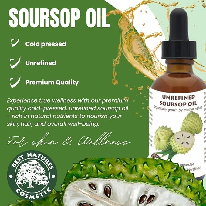 Virgin Soursop Oil (Anona Muricata, Graviola, Guanabana) – 100% Pure, Organic, Cold-Pressed, Unrefined – 1oz - 30ml – Natural Facial Oil & Moisturizer for Dry, Damaged, or Sensitive Skin.