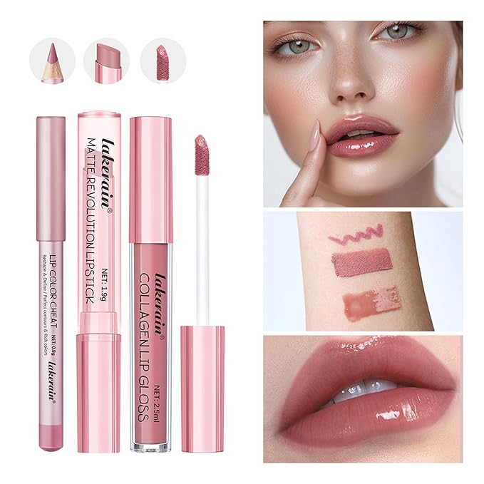3PCS Lip Liner and Lipstick Combo Set - Matte Lip Liner Pencil, Velvet Matte Lipstick & Hydrating Collagen Lip Gloss - Long-Lasting, Smudge-Proof, High Pigment Nude Pink Lip Makeup Kit (Nude Pink)