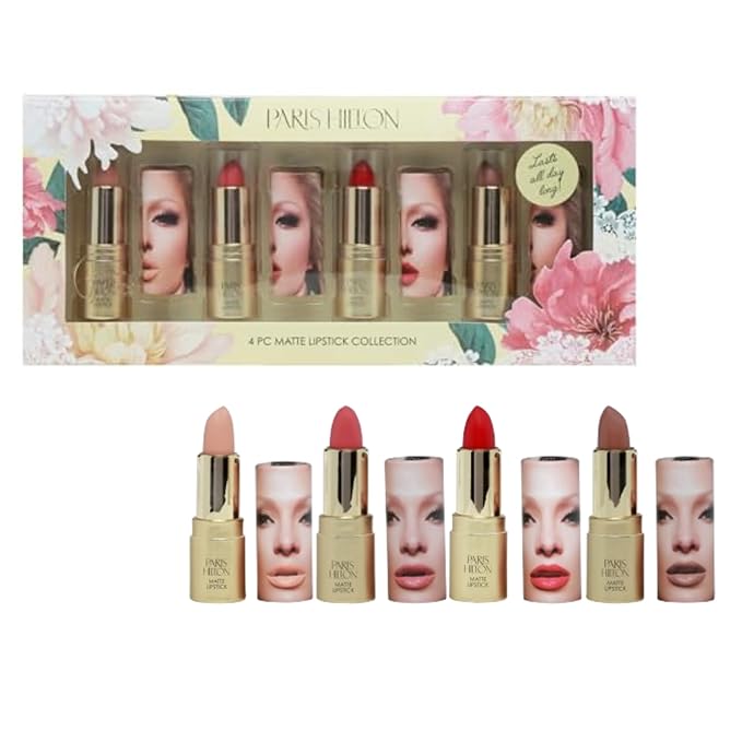 Paris Hilton Matte Lipstick Collection - Long Lasting Nude & Pink Lip Color with Full Coverage, Lightweight,Waterproof, Smudge Proof - Creamy, Hydrating & Velvety Lip Makeup for Women - 4 pcs Gift Set