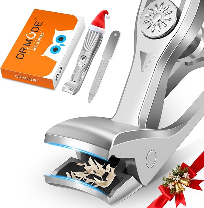 DRMODE Nail Clippers for Men Thick Nails, Angled Head Toe Nail Clippers for Thick Nails for Seniors, Wide Jaw Opening Toenail Clippers Heavy Duty Fingernail Clipper with Catcher Long Handle - Silver