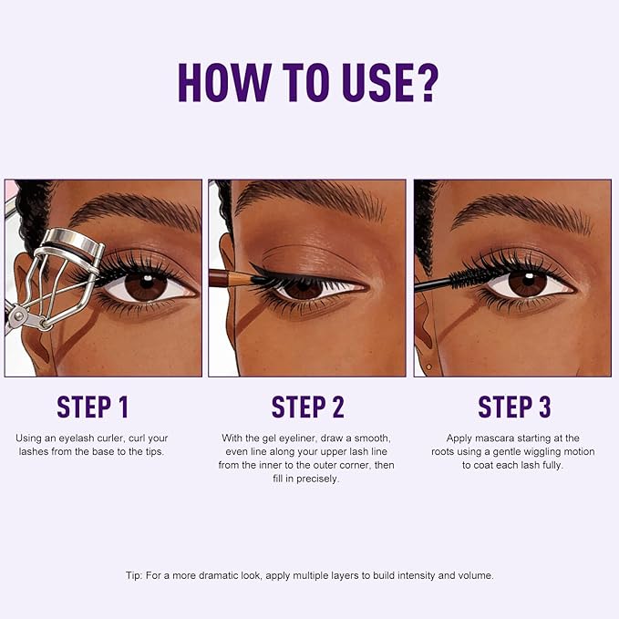 Purple Eyeliner Mascara Set, 5D Colored Mascara Volume Length Smudge-Proof Smooth Shine Gel Eyeliner Pencil Waterproof Natural Curling Purple Mascara for Eyelashes Makeup for Women