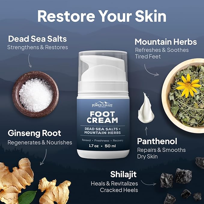 Pumice Valley Foot Cream for Dry Cracked Feet and Heels - Natural Moisturizer, Corn, Calluses Treatment - Skin, Body Lotion, Dead Sea Salts, Shilajit, Mountain Herbs 1.7 Oz