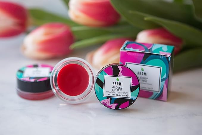 Aromi Glossy Lip Tint in Pot – Hydrating Lip Gloss Color, Sheer, Bright Red Shade, Vegan & Cruelty-free, Moisturizing, Non-Sticky Formula (Red Hibiscus)