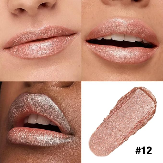 Nude Brown Shimmer Metallic Moisturizing Glow Plumping Lipstick Makeup, Lipstick with Metallic 3D Shine Lightweight Hydrating Formula, Glitter Lip Gloss Stain Long Lasting Waterproof (12#Nude Brown)