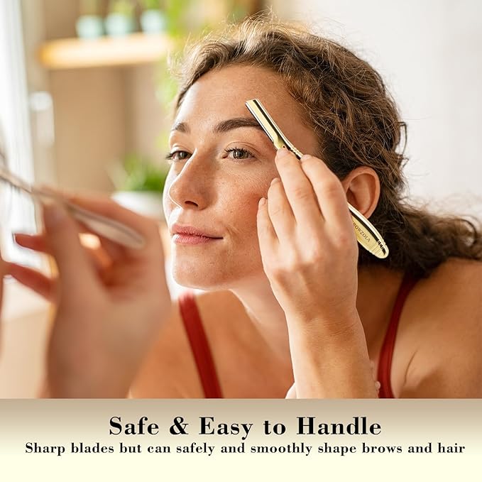 EROWZOLA Eyebrow Razor for Women and Men, Face Razors for Women, Dermaplane Razor with Protective Silicone Cover, Reusable Metal Handle with 6 Refill Blades, Skin Care Tool, Gold