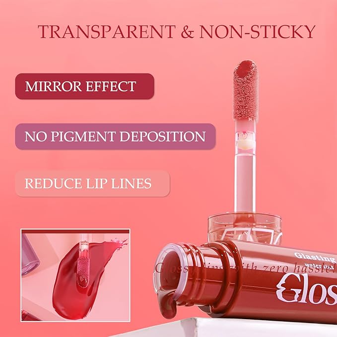 Mirror Flow Lip Gloss - Water Mirror Effect, High-Shine & Non-Sticky, Long Lasting Hydrating, Volumizing, Reduces Lip Lines, No Pigment Deposition, 6 Shades (0.12 fl.oz)