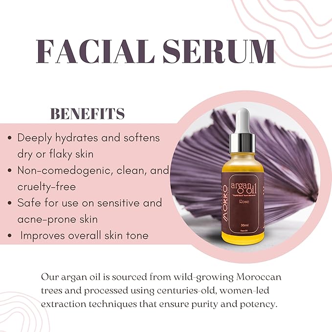 Mokko Argan Face Oil Drops with Rose – 100% Pure Moroccan Argan Oil | Hydrating, Anti-Aging & Brightening Facial Oil for Dry, Sensitive & Acne-Prone Skin – 30ml