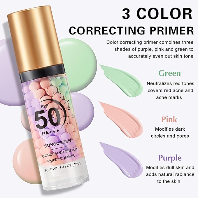 2PCS Color Correcting Primer Face Makeup with Powder Puff,Face Primer with SPF 50,Oil Control Primer Makeup,Hydrates and Moisturizes,Radiance Skin,Protector Solar Para La Cara Con Color