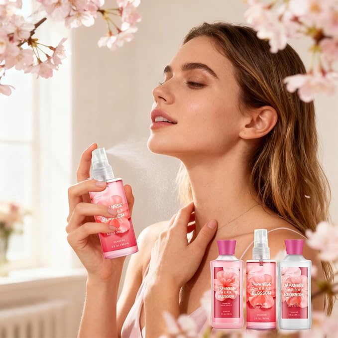 Bath Gift for Women and Girls, Japanese Cherry Blossom Spa Set With Natural Extracts, 3PCS Set - Shower Gel, Lotion, Mist, Personal Self Care Kit, Body Care Travel Set