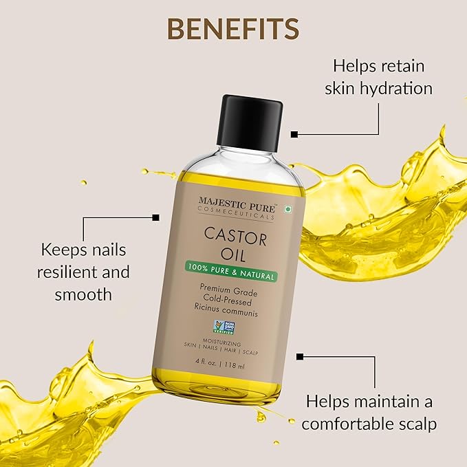 Majestic Pure Castor Oil with Applicator - 100% Pure & Natural - Premium Grade, Cold Pressed, Hexane Free - Hair, Eyelashes, Eyebrows, Nails - Moisturizing & Nourishing - 4 Fl Oz