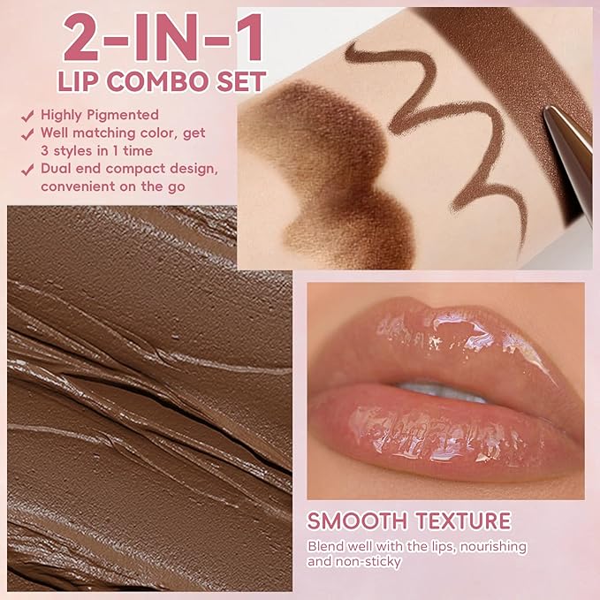Lip Liner Gloss Lip Combo Set, 2 in 1 Lip Duo Natural Nude Lip Liner Lipstick Glossy Nourishing Coral Dew Gloss Lip Kit,Smooth Quick Fuller Plumping Juicy Lip Makeup for Women04#Mellow Papaya
