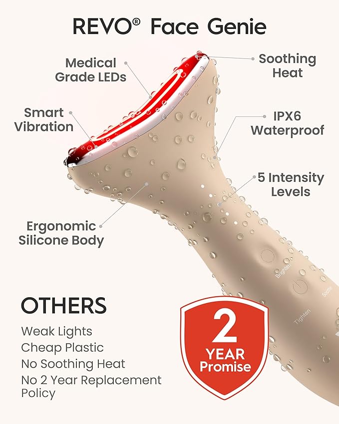 REVO Genie | 3-in-1 Face & Neck Beauty Massager with Heat, 3 Light Therapies, Smart Vibration | Red Light, Blue Light, Green Light Therapy for Wrinkles, Hyperpigmentation, Acne & More - Beige