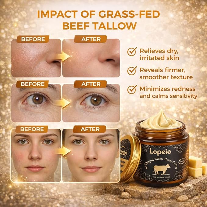 Lopeie Upgraded 4.23 Oz Organic Beef Tallow for Skin & Face – Whipped Grass-Fed Tallow and Honey Balm for Dry, Sensitive Skin, Natural Hydrating Anti Aging Face Moisturizer with Raw Honey (Unscented)