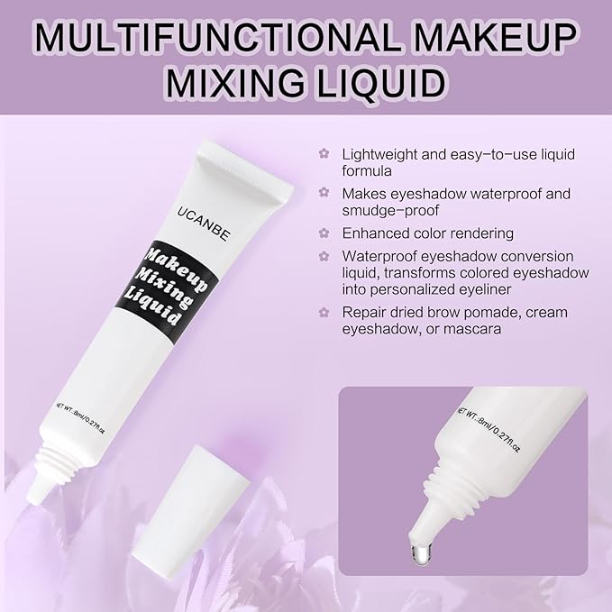 UCANBE Makeup Mixing Liquid - 0.27 Fl Oz Multi-Use Makeup Transformer - Custom Durability Eyeshadow, Waterproof Eyeliner, Shimmer Powder Pigment Enhancer (Clear)