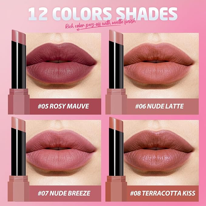 Jolilab 3Pcs Velvet Matte Lipstick Nude Matte Soft Dark Color Stick High Pigmented Long-Lasting Waterproof Lip Stick Lip Balm Beauty Cosmetics Gift for Women(Curated #2+5+7)