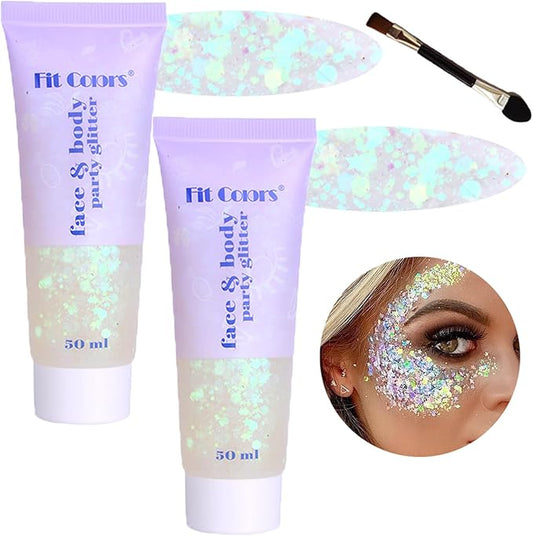 Body Glitter Face Glitter Gel: Singer Concerts Disco Festival Rave Accessories Face Glitter Makeup 100ml Chunky Sequins Mermaid Face Body Hair Glitter Gel (2 White)