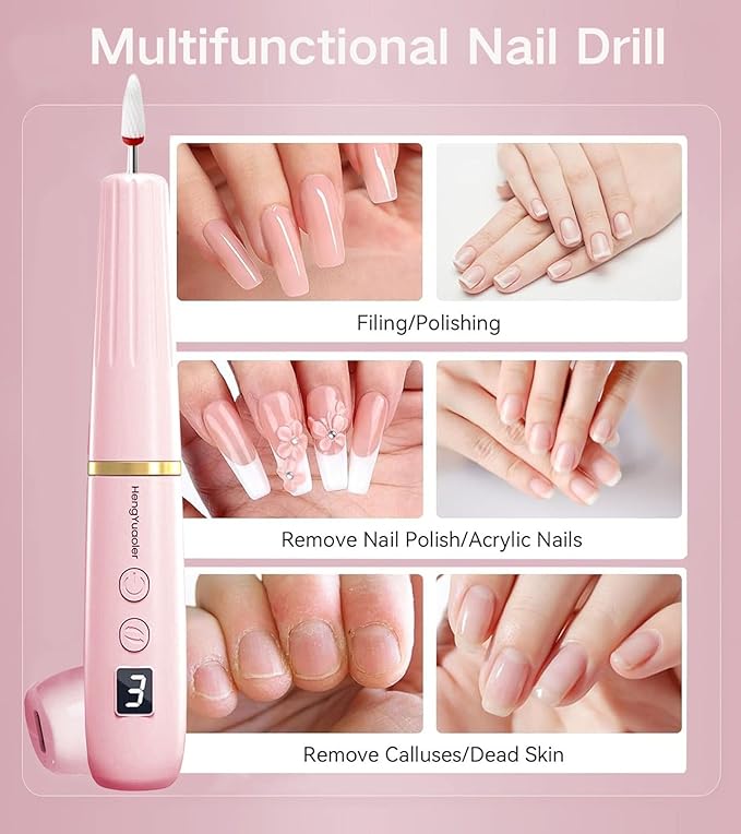 HengYuaoler Electric Nail Drill Machine File Efile Set for Acrylic Gel Nails Portable Nail Drill Machine Kit Rechargeable Pedicure Tools for Hand Feet Manicure Pedicure Tools Polishing Set (Pink)
