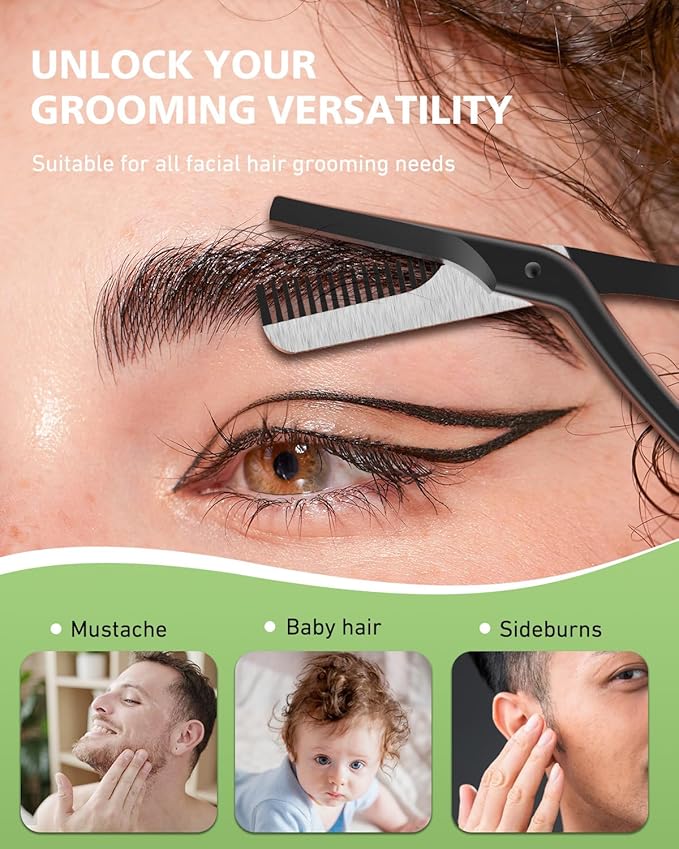 BALUCA Eyebrow Scissors with Comb | Professional Stainless Steel Eyebrow Trimmer for Women & Men | Dual-Design Precision Eye Brow Trimmer Scissors for Effortless Grooming, Silver (Black)