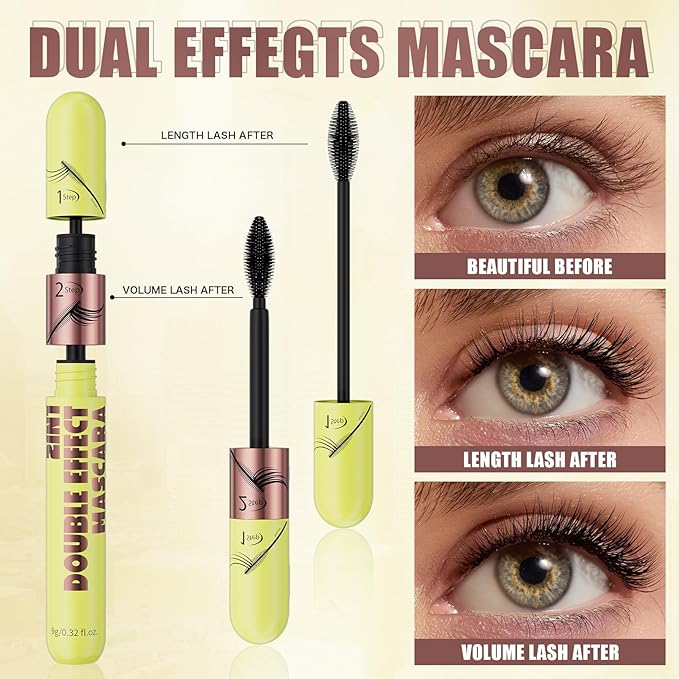 QIC 2 in 1 Mascara Black, Dual-Effect Length & Volume, Waterproof 12H Wear, Smudge-Proof 2 Step Mascara for Natural to Full Lashes, 4D Silk Fiber Lash 2 Step, No Clumping, Easy Removal