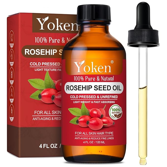 Yoken Rosehip Seed Oil for Face 4 fl oz 100 Pure & Natural Cold Pressed Unrefined Organic Rosehip Oil for Skin, Hair, Nails, Anti-Aging Facial & Gua Sha oil