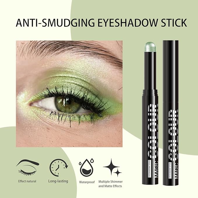 Glitter Cream Eyeshadow Stick, Green Holographic Eye Shadow Stick, Long-Lasting and Blendable High Pigmented Single Eyeliner Makeup for Women, 21 Mint Green